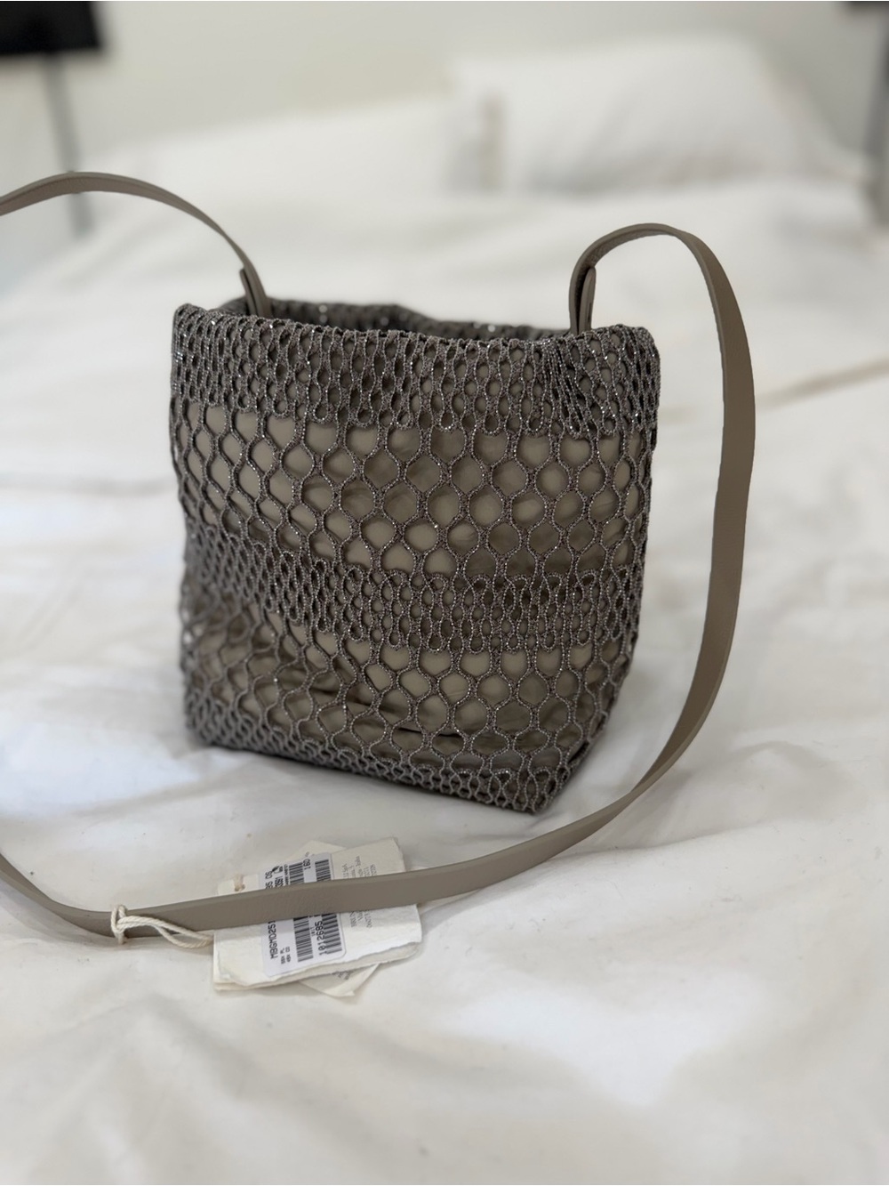 Brunello Cucinelli Neutral Taupe Knitted Drawstring Bucket Bag